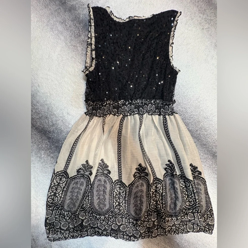 American‎ Rag Cie Black Cream Sequin Organza Print Fit Flare Dress Medium M